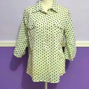 Eden & Olivia Retro Off White Green Polka Dot Rolled Sleeves Button Down Shirt M